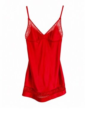 Victorias Secret Red Lace-Trim Satin Chemise Silky Babydoll Slip Dress M Pajamas